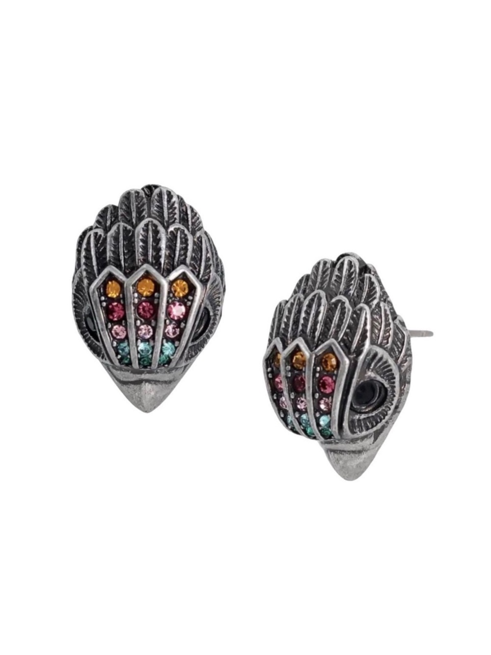 Kurt Geiger Antique Silver Feather Stud Earrings with Multicolor Stones